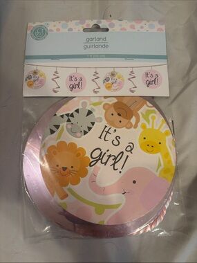 Unopened Baby Shower Garland "It's a Girl!" Pink Safari Animal Swirl